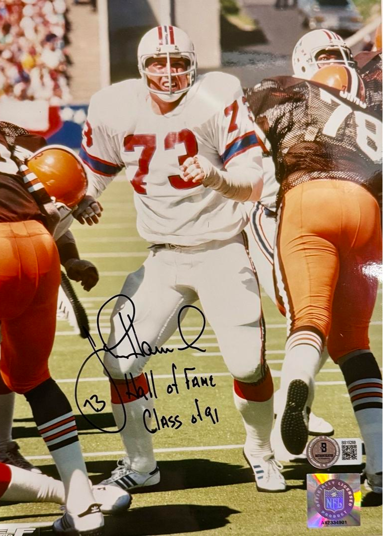 John Hannah Signed 8x10 Photo New England Patriots w/HOF Inscription - Beckett COA